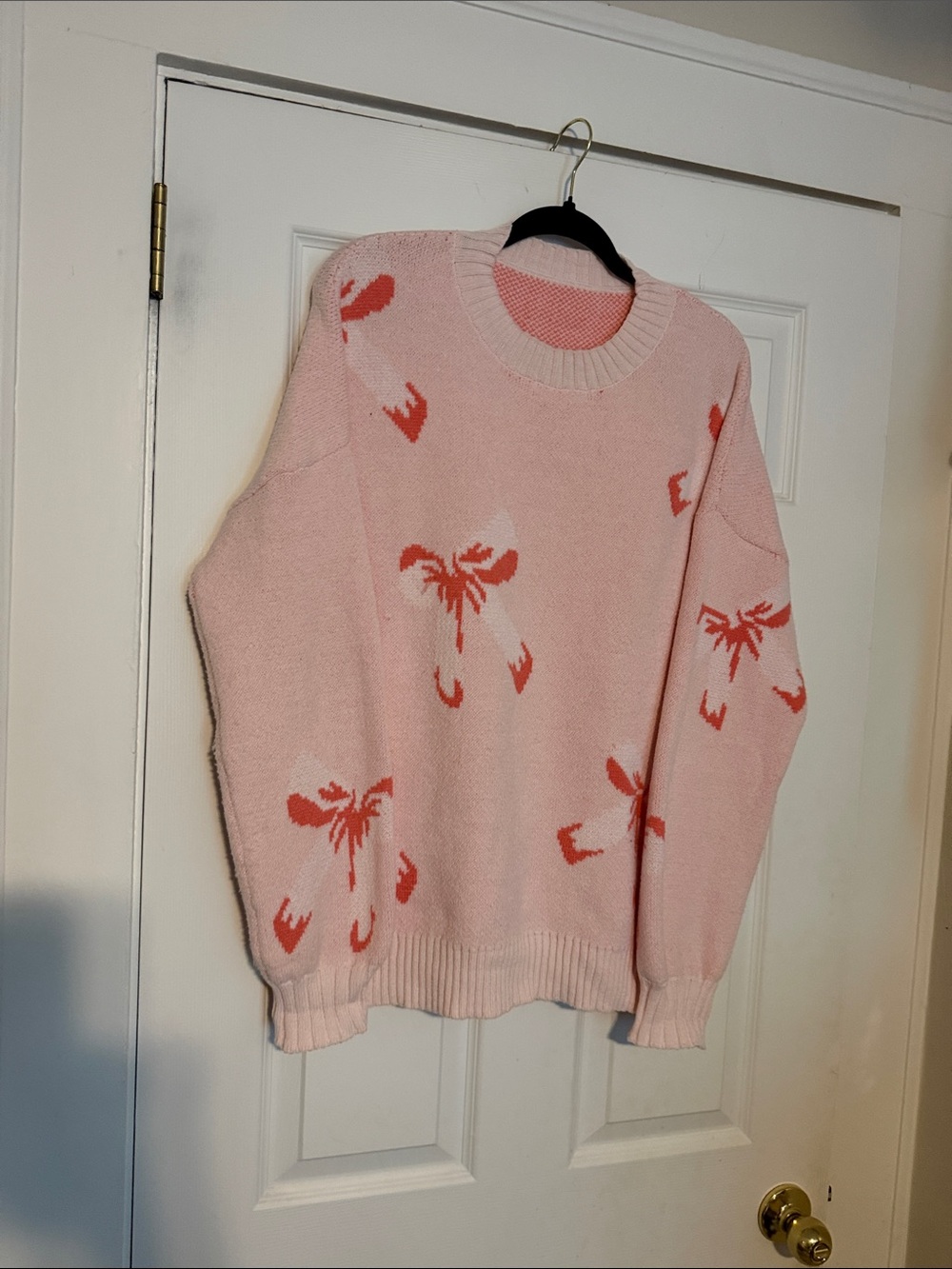 Women's Pink Bow-Print Crewneck Sweater